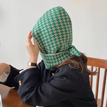 披肩围巾帽一体秋冬季女保暖外搭条纹千鸟格百搭小众毛线针织帽子