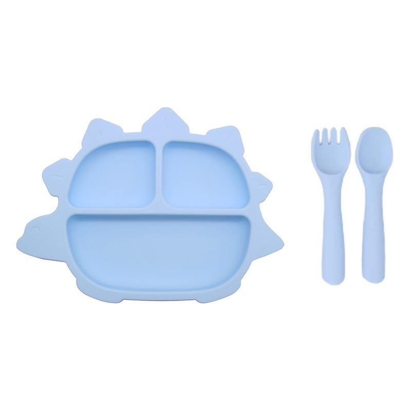 실리콘 [익룡 디너 접시 + 원형 손잡이 포크와 스푼] 폼 블루