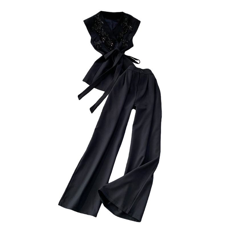 Elegant Embroidered Sequin V-Neck Waist-Defining Blazer & High-Waist Wide-Leg Trousers Two-Piece Set_ecoleips.com