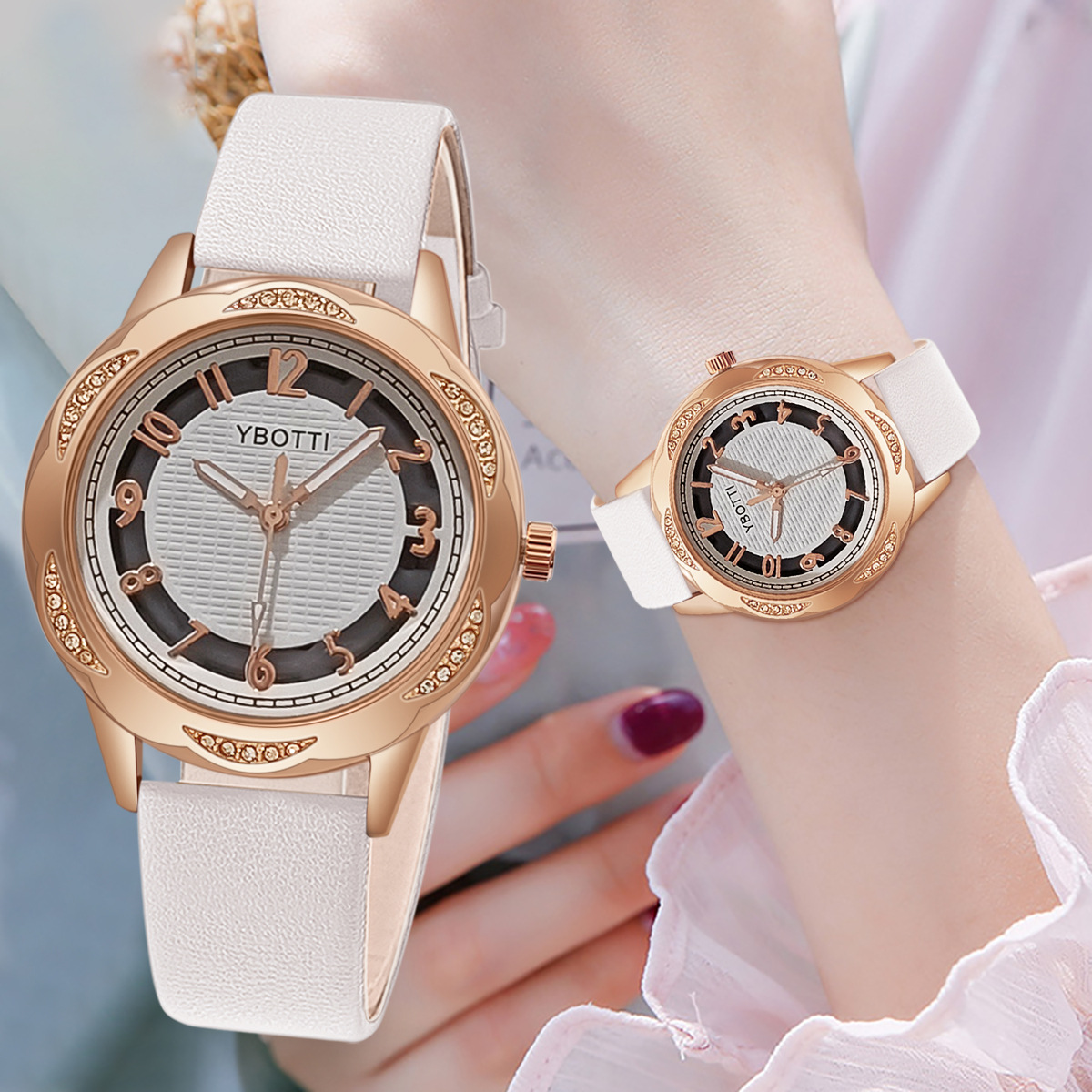 新品爆款镂空假机械镶水钻皮带石英腕表 女式时尚优雅手表