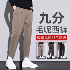 香港秋季九分毛呢休闲裤男士2025新款高端修身直筒加绒9分小西裤