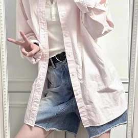 BM风 美式复古男友风休闲粉色条纹长袖衬衫bm宽松薄款防晒上衣女