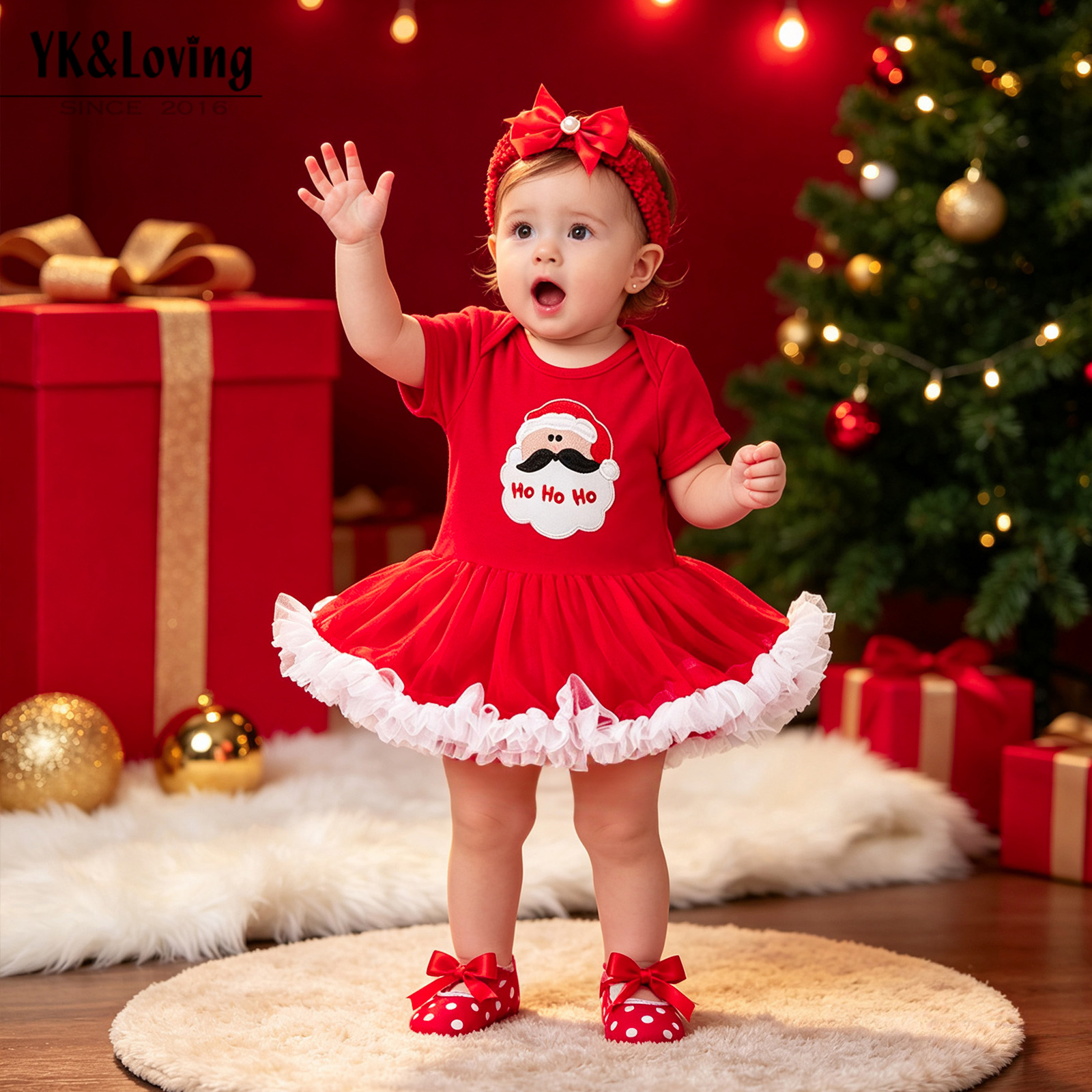 Cross-Border Children's Clothing for Baby Girls, Christmas Party Holiday Clothes, Cartoon Old Man Tree, Dress, Shoes, Hair Accessories, 3-Piece Set