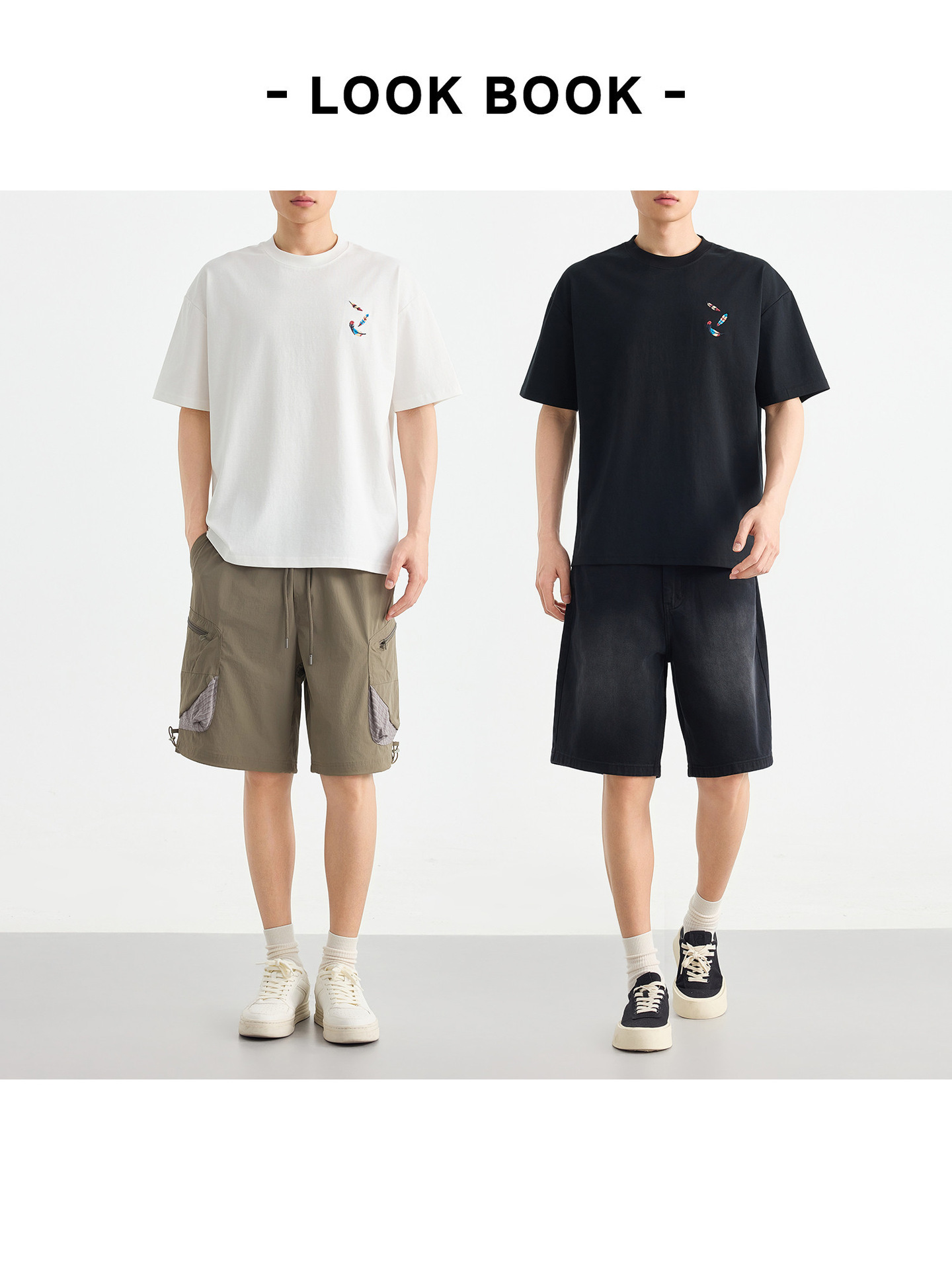Áo thun nam cổ tròn tay ngắn thêu lông vũ chất liệu cotton dày 220g — đen
