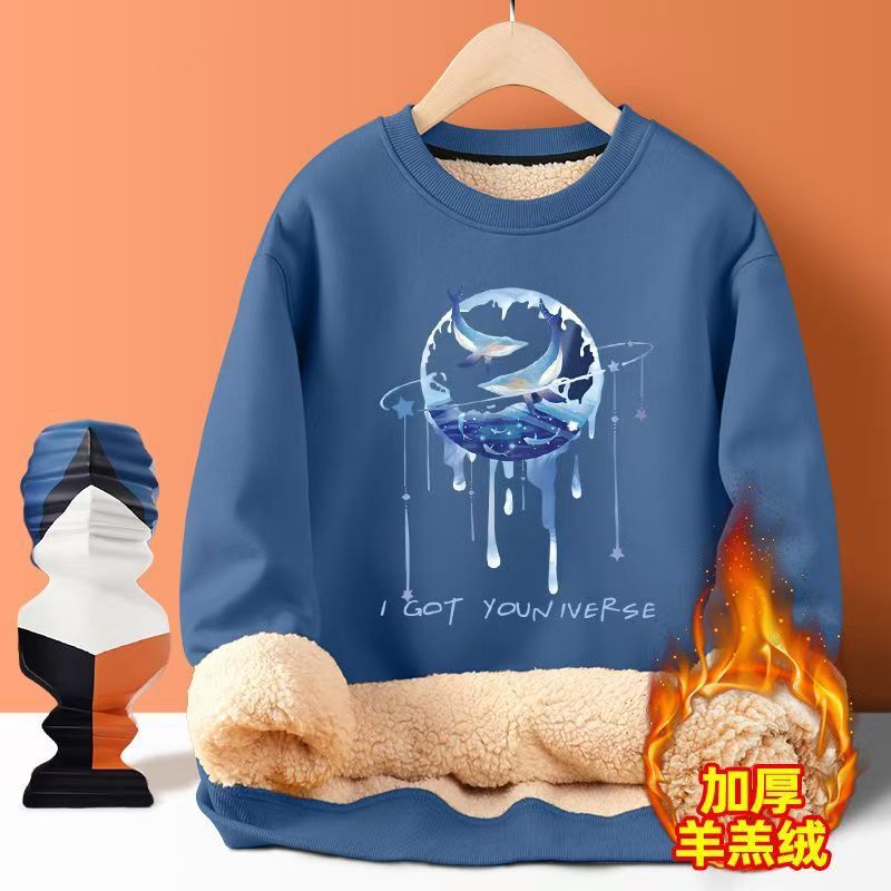 Winter Sweatshirt with Velvet Warm Top, Loose Casual Couple Style Thickeneded Cashmere Round Neck Sweatshirt 1/2