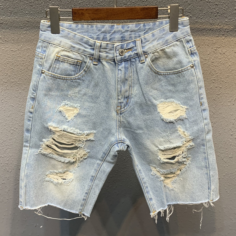 Ripped Denim Shorts Men's Light-Colored Five-Quarter Pants Trendyy and Versatile Men's Loose Raw Edge Mid-Pants Jodhpurs Beggar Pants Summer