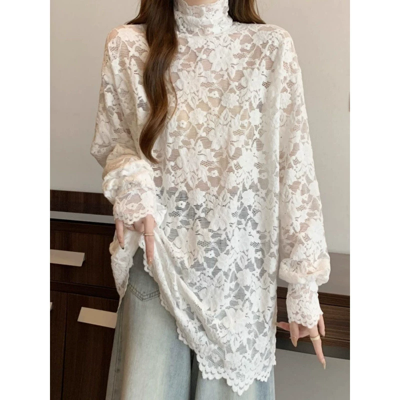 Женская рубашка с высоким воротником большого размера с длинным рукавом с кружевной рубашкой топы для осени и зимы 2025 года