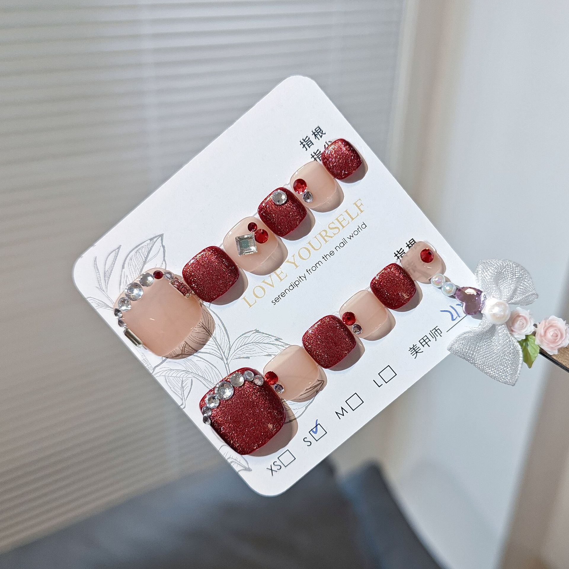 12 piezas de armadura de pie hecha a mano, nuevo estilo de verano, ojos de gato rojo blanco, uñas de pie, uñas de fototerapia, uñas, productos terminados