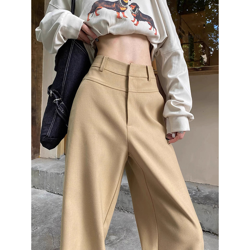 现货厂家批发 西装高腰卡其色阔腿裤女 新款显瘦宽松直筒裤子 女|undefined