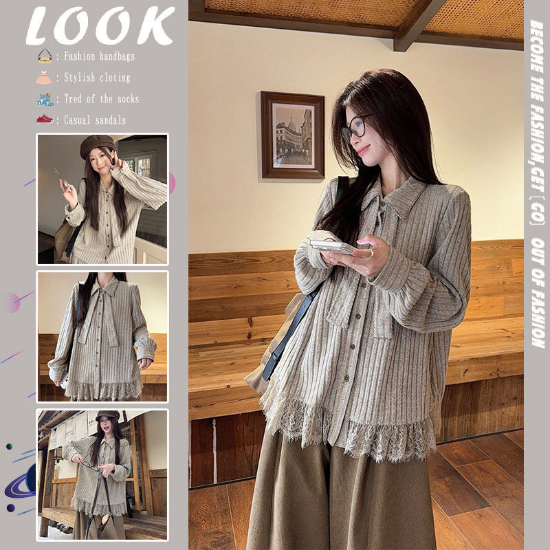 Plus-Size Stylish Lace Long-Sleeve Shirt for Women, Autumn and Winter, Flattering for Curvy Figures, Slimming Base Shirt