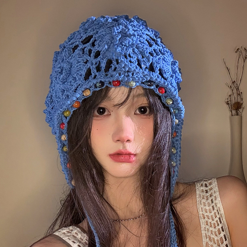 エスニックスタイルかぎ針編みビーズプルオーバー帽子女性のための夏のタッセルストラップニット帽子レトロ文学中空つば帽子|undefined