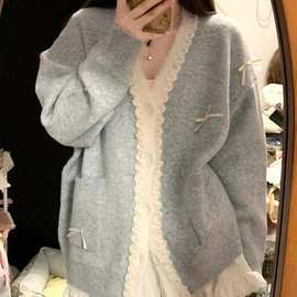 毛衣开衫外套女蝴蝶结2025秋冬季韩系穿搭宽松慵懒风针织衫上衣女