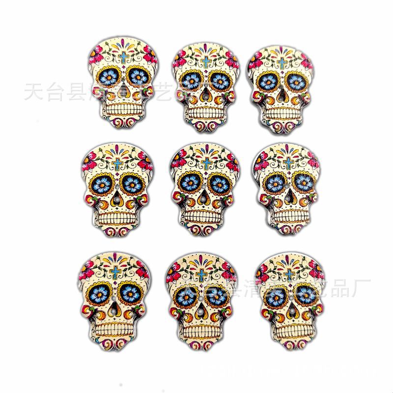 19*25mm madera con fondo blanco botones de calavera decorativos suministros de Pascua calavera de madera 50 por paquete