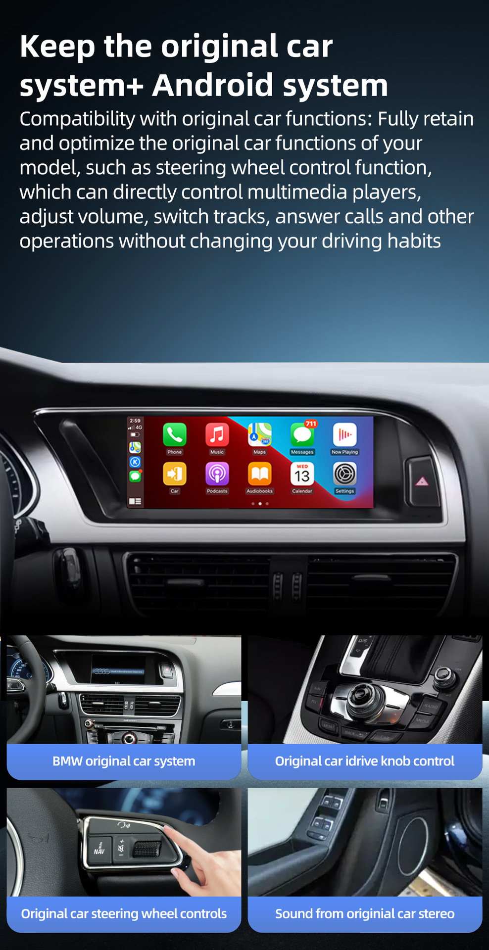 Car navigation central control screen suitable for Audi A4 RS4 B8 B8.5 8K Android reversing camera multimedia playback