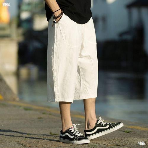 Men's Summer 7/8 Length Linen Casual Loose Straight Leg Pants Chinese Style Wide Leg Cotton-Linen Beach Shorts Trendy