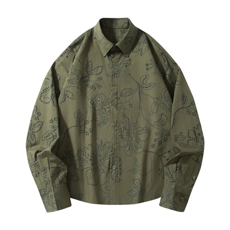 Cross-Border Green Pure Cotton Perforated Shirt Men's Long-Sleeved 2025 Autum Loose Jacket American Niche Design Shirt