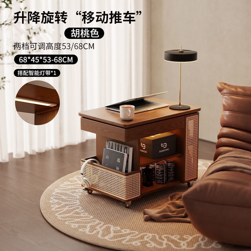 实木可移动边几巴士升降茶几家用客厅沙发边柜子中古风小推车简易|undefined