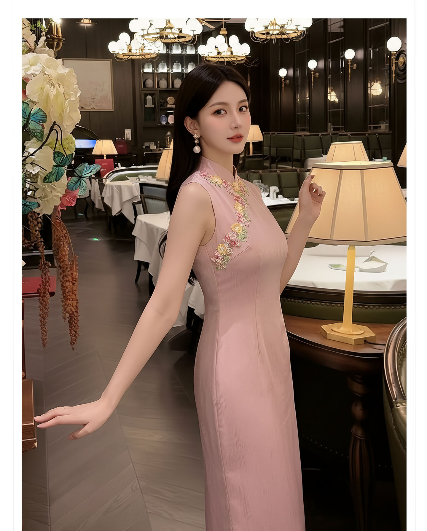 Bộ váy đầm maxi thắt eo kiểu Trung Hoa cải tiến kèm áo khoác choàng tua rua — Trang chủ, bộ đồ, váy liền, váy xanh chi tiết 7