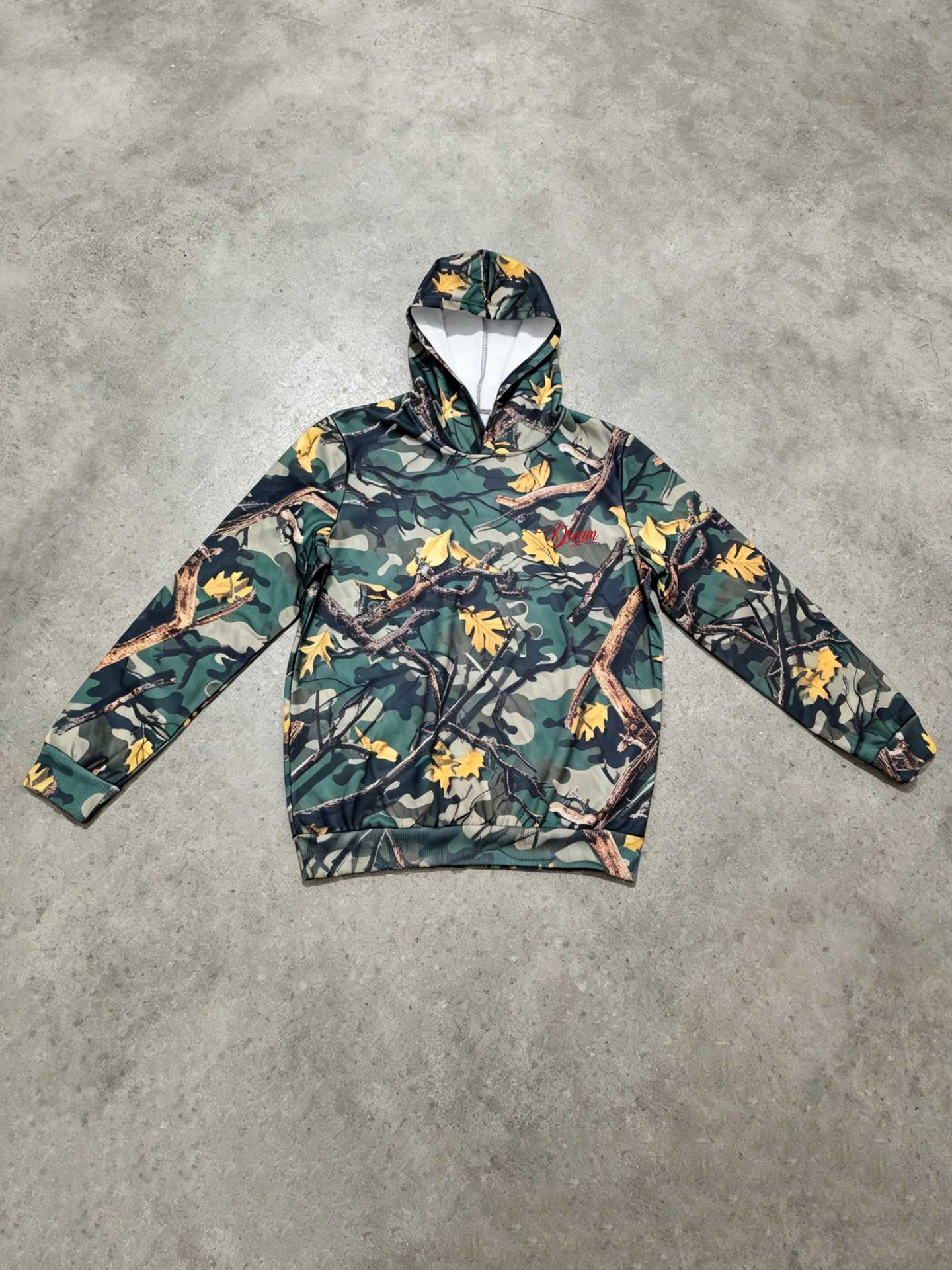 Men's Forest Camouflage Dream Embroidered Signature Two-Piece Set Hooded Sweatshirt And Flared Sweatpants_viptrois.com