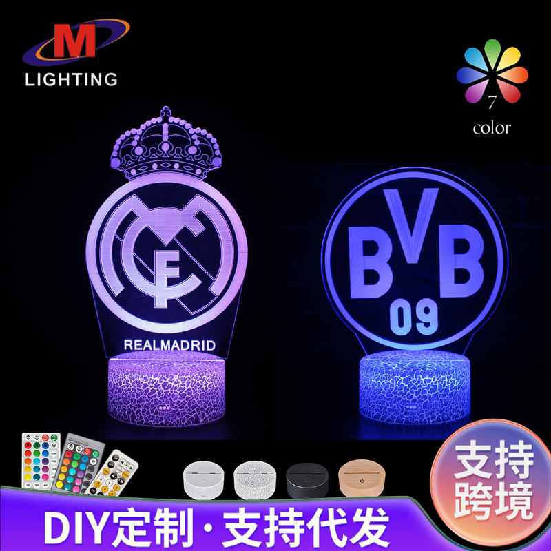 Cross-Border Exclusive Supply of 3D Night Lights, European League Football Club Logo Series Visual Ornaments, Led Table Lamps