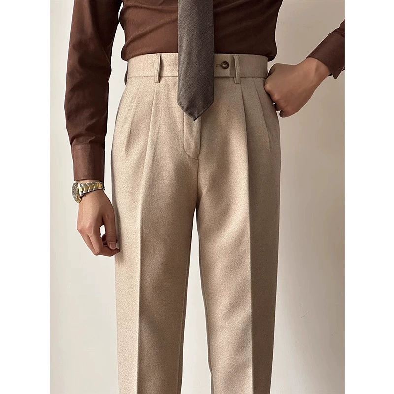 Модные тренды брюки с высокой талией для мужчин с прямой подвеской неаполитанский джентльмен брюки сплошной цвет универсальные повседневные брюки