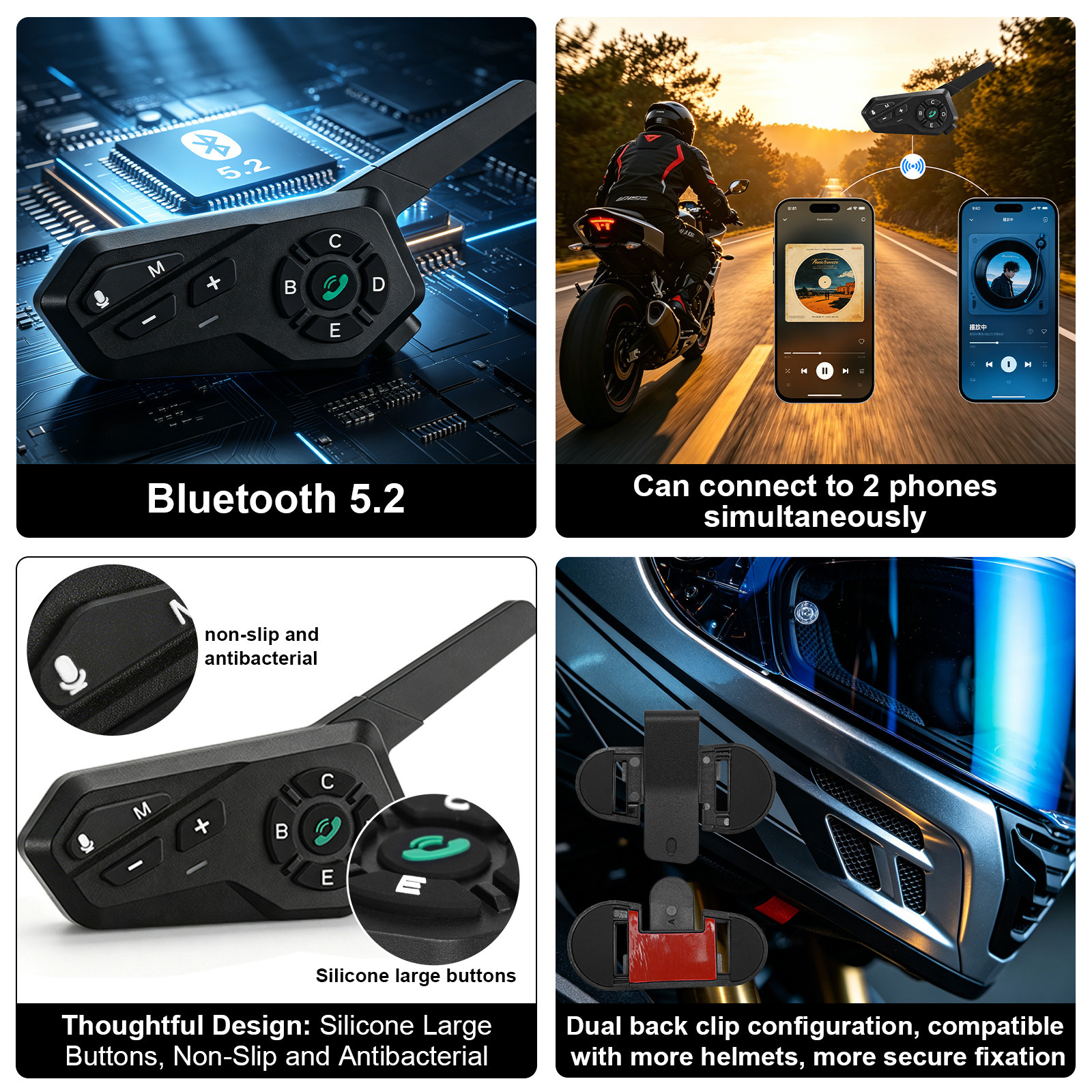 X6 Motorcycle Helmet Bluetooth Intercom 1500m Waterproof IPX6 Stereo Riding Headset