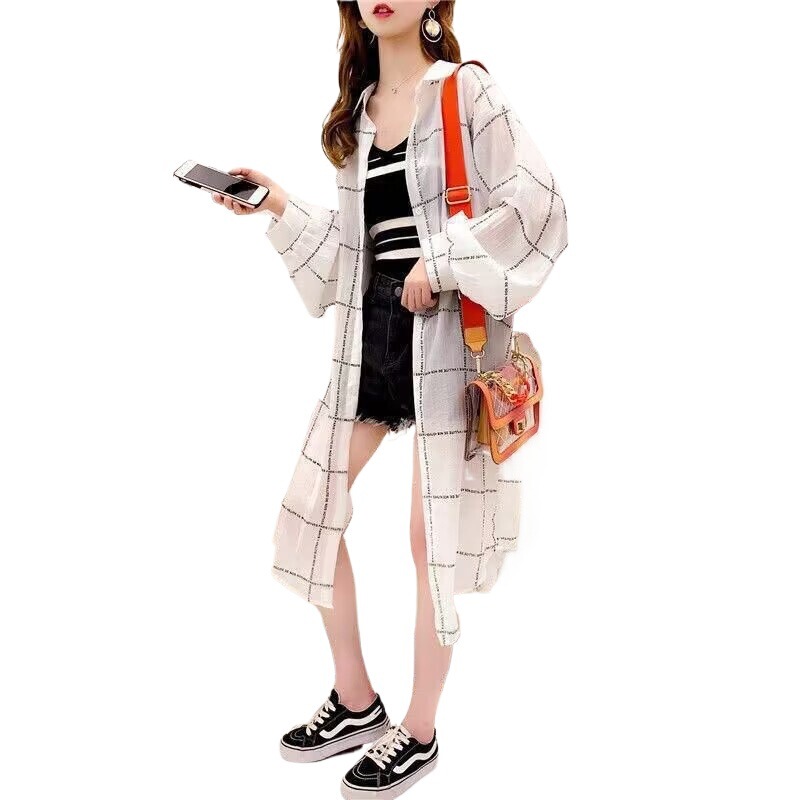 2025年夏用 格子柄シャツ 日焼け止めジャケット レディース 薄手 韓国風 ゆったり UVカット ミドル丈 長袖|undefined
