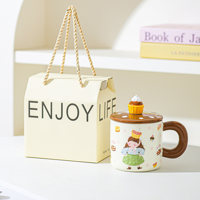 Pan de postre para niños y niñas tazas de cerámica tazas de pareja tazas de agua con tazas lindas cubiertas esmaltadas para dar chicas