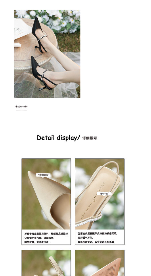 Giày sandal nữ bít mũi mũi nhọn gót mảnh quai ngang đính đá, gót 6–8 cm — Màu mơ, Màu vàng nhạt, Màu đen chi tiết 5