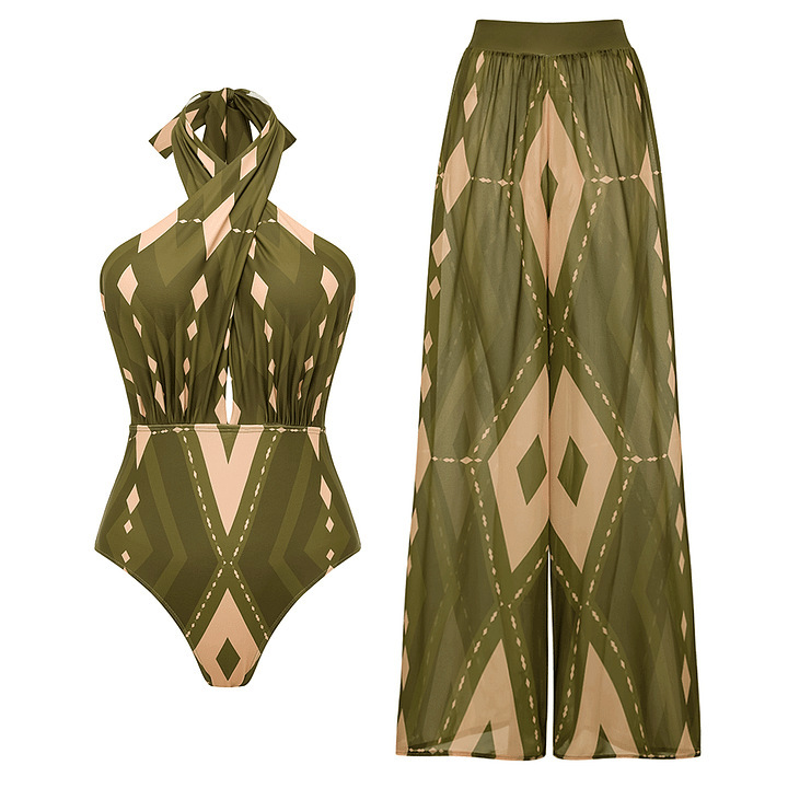 Women's One Piece Swimsuit Halter Neck Backless Printed Beachwear_voghion.com