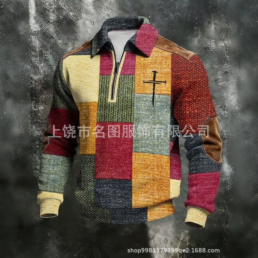 跨境男士半拉链翻领卫衣 3D 数码满印 外贸大码男装货源
