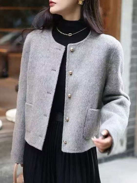 哥家商场同款女装2025秋季韩系灰色小香风外套女毛呢单面呢上衣|undefined