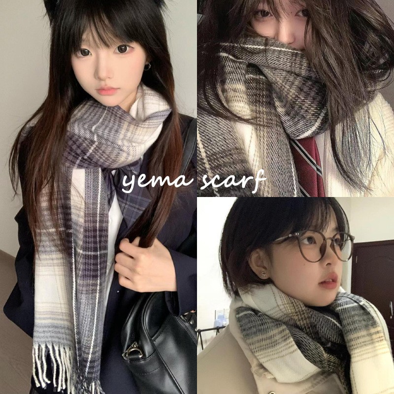 retro green plaid scarf female winter cashmere scarf female student day gift winter tassel wild welfare