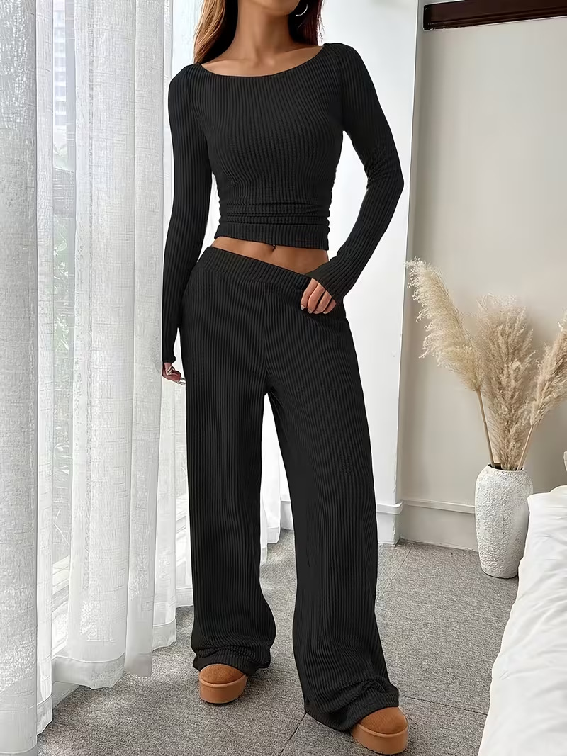 Women's Slim Fit Off Shoulder Top And Trousers Two Piece Set_voghion.com