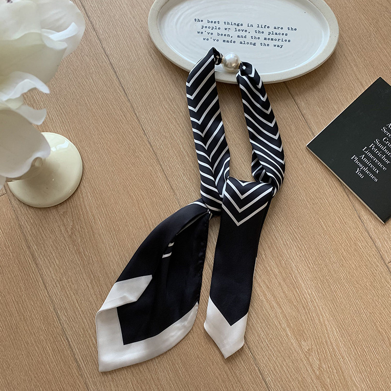 Pañuelo de seda, tira larga, sensación de alta calidad, estilo coreano, bufanda decorativa de lunares de doble capa, costura personalizada, bufanda de seda para mujer al por mayor