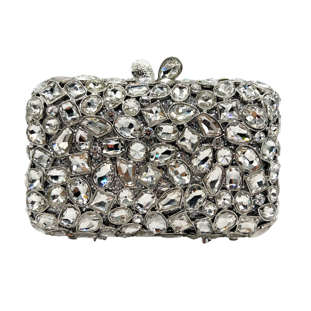 Túi clutch dạ hội đính đá giả kim cương kiểu vuông nhỏ cầm tay nữ — trái cây xanh, bạc, nâu, Tùy chỉnh