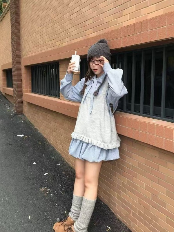 韩系复古格子蝴蝶结系带衬衫裙显瘦花苞裙女背心甜美套装秋季纽扣|undefined