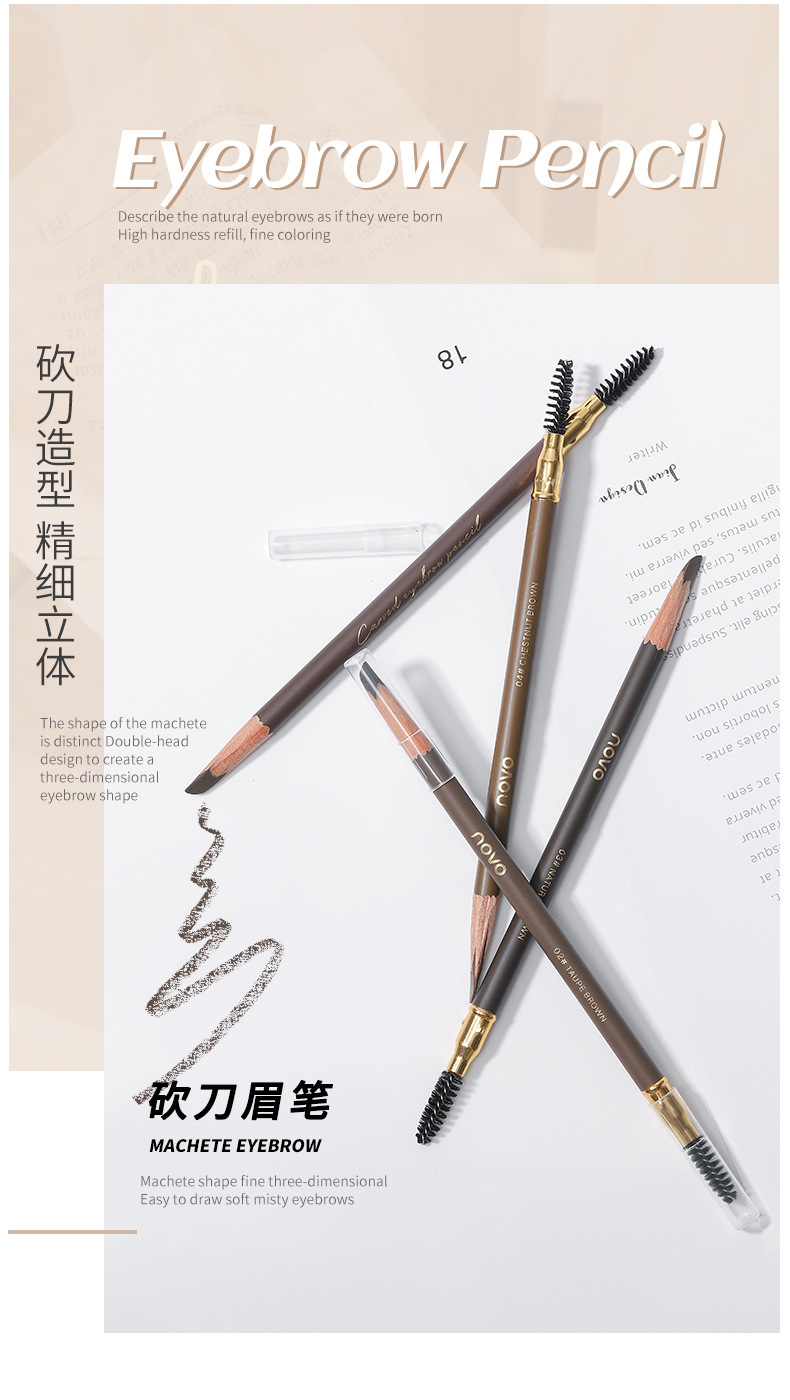 NOVO wooden hard-core double-ended eyebrow pencil is waterproof, sweat-proof, and does not fade. Each tip is distinct. It has a pencil style and can be used to shave duck beaks and flat heads Item Picture
