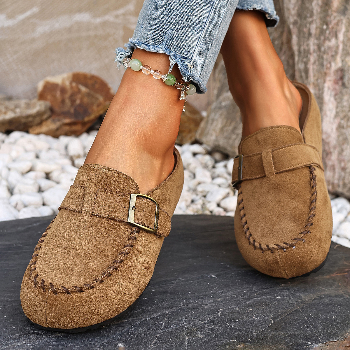 Women's Fleece Lined Bread Toe Slippers Spring Style Thick Sole Retro Buckle Birken Inspired Slippers Size 43_vogvips.com