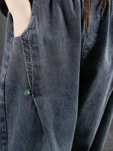 Spring slimming elastic waist washed blue disc buckle loose dad Harlan jeans pants casual jeans for women