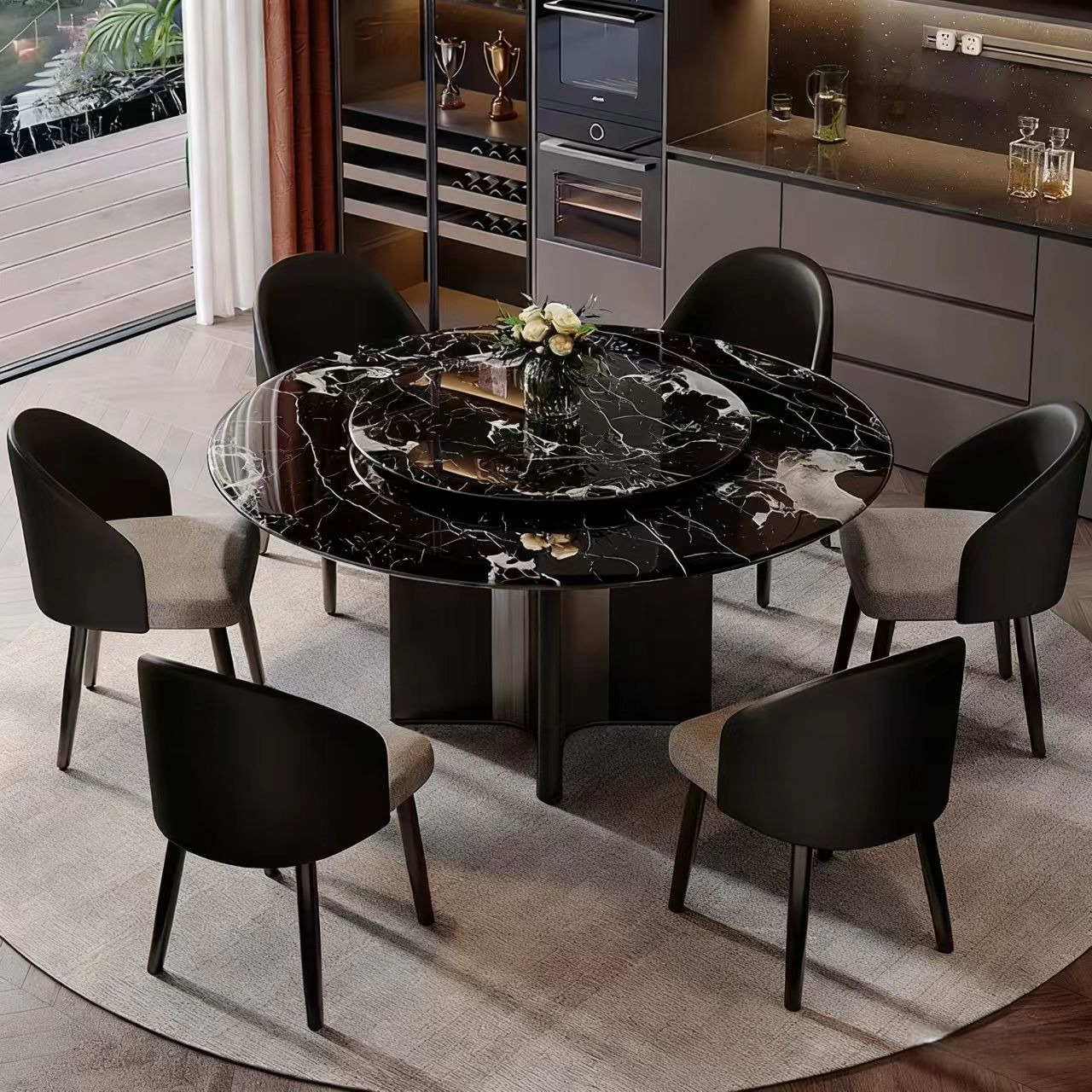 Natural Light Luxury Black Rose Marble Round Dining Table with Turntable High-End Italian Villa Home Dining Table and Chair Set