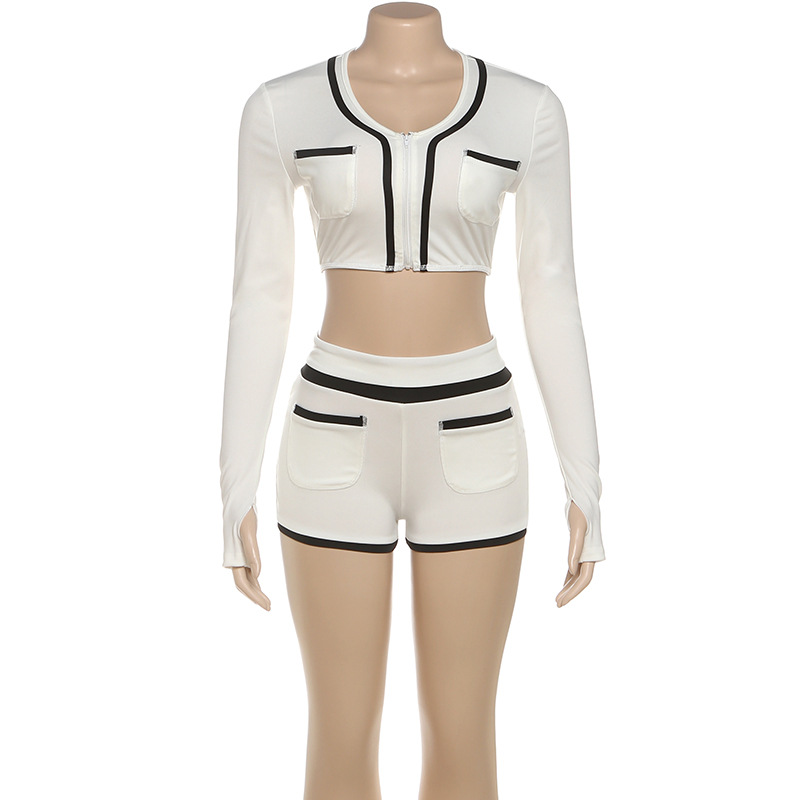 Autumn Bare Cropped Slim Fit Zipper Coat Top Color Matching Shorts Set