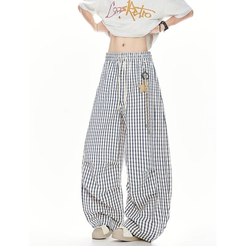 Star Pendant Plaid Curved Knife Casual Pants Men's Summer Drapey Wide-Leg Pants Loose Lazy Style Straight-Leg Floor-Length Pants Star Pendant Plaid Curved Knife Casual Pants Men's Summer Drapey Wide-Leg Pants Loose Lazy Style Straight-Leg Floor-Length Pants