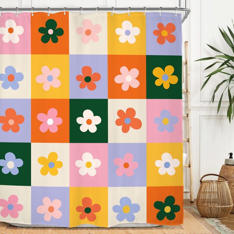 Retro Flower Plaid Shower Curtain Set 70S Fashion Aesthetic Fashionable Trendy Modern Polyester Waterproof Shower Curtain
