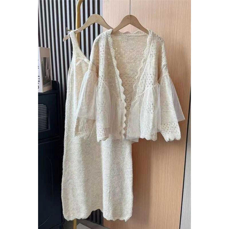 2024秋装新款设计感套装吊带连衣裙女网纱拼接针织开衫上衣两件套
