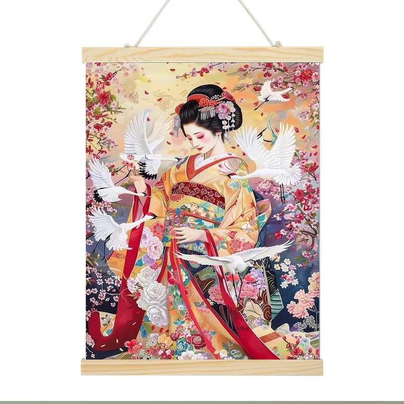 Cross-border Japanese Ukiyo-e Showa Era Kimono Woman Entryway Living Room Background Decoration Solid Wood Wall Art, Customizable with Logo
