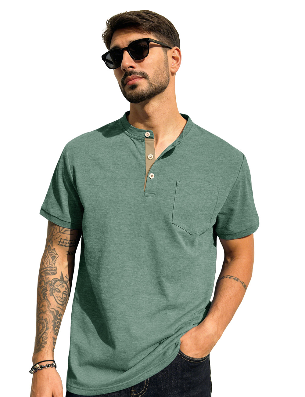 Estación independiente de verano hombre monocolor Henry polo camiseta superior americano casual comercio exterior camiseta de manga corta