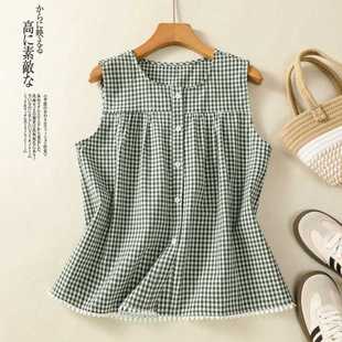 Real Shot Summer New Green Plaid Pure Cotton Artistic Sleeveless Round Neck Cardigan Vest Stitching Lace Top Women