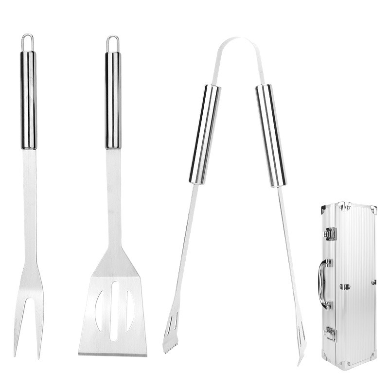 Juego de Utensilios para Barbacoa de 4 Piezas de Acero Inoxidable con Estuche de Aluminio