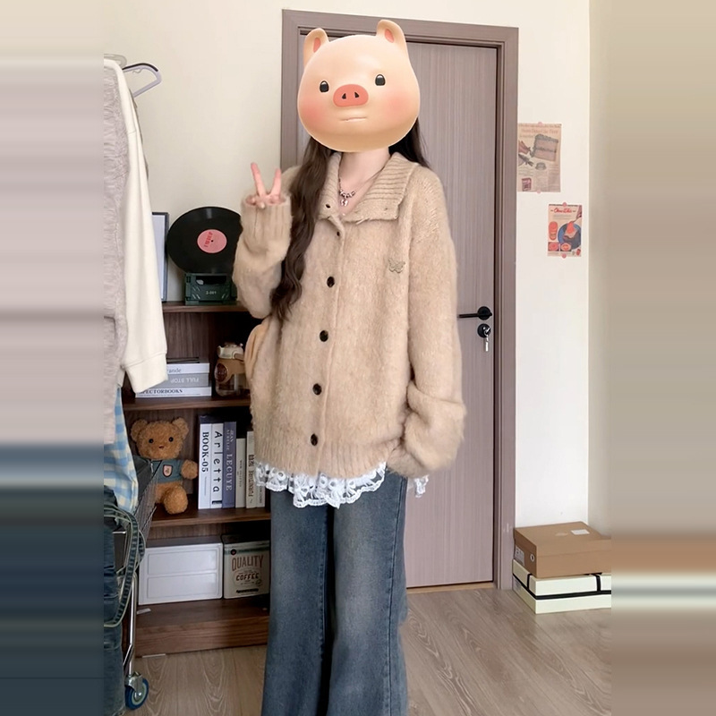 慵懒风甜美女翻领针织开衫粉色毛衣女新款初秋季韩系休闲宽松上衣|undefined